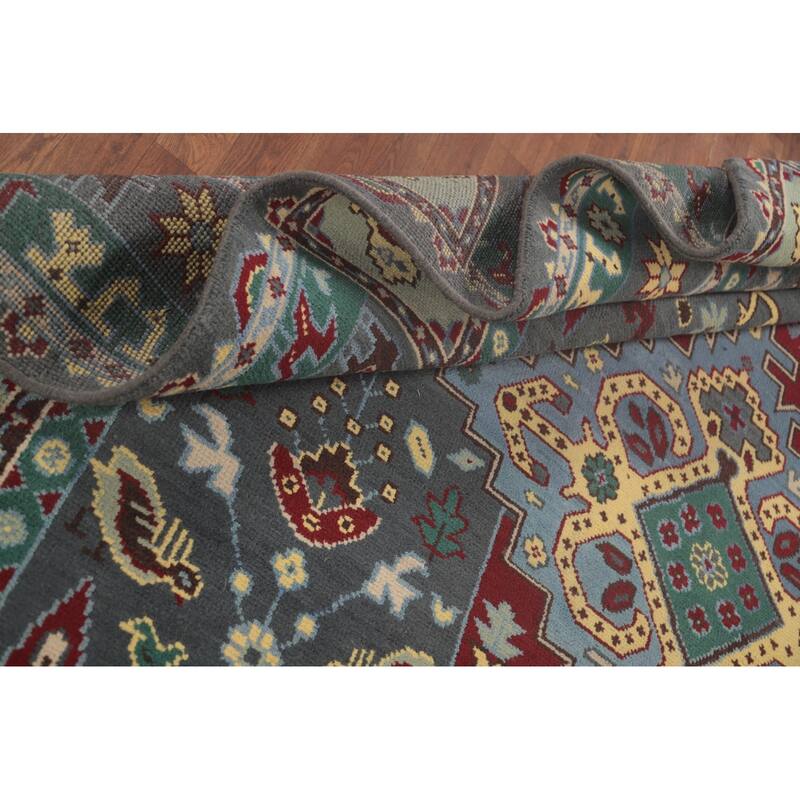 Geometric Grey Kazak Area Rug Handmade Wool Carpet - 8'9"x 11'7"