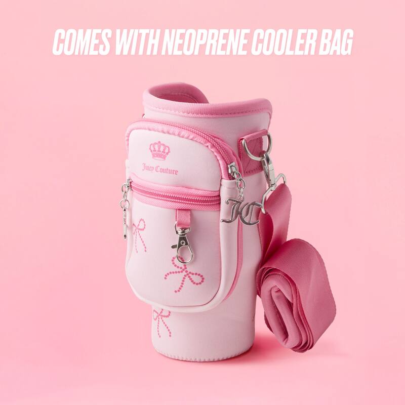 Juicy Couture Jetsetter Hydration Stainless Steel Tumbler with Handle, Straw & Topper with Neoprene Crossbody Pouch