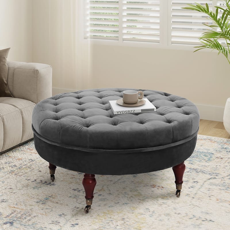 Maypex 32-inch Tufted Velvet Round Cocktail Ottoman with Wheels
