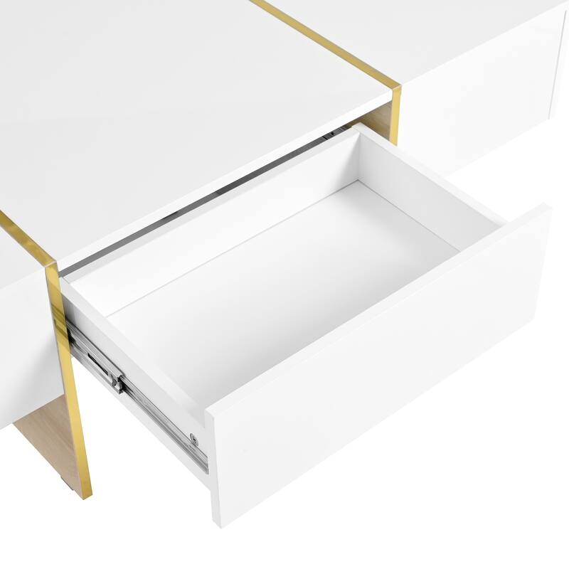 47.2" High Glossy Coffee Table with 2 Drawers and Golden Wood Grain Legs