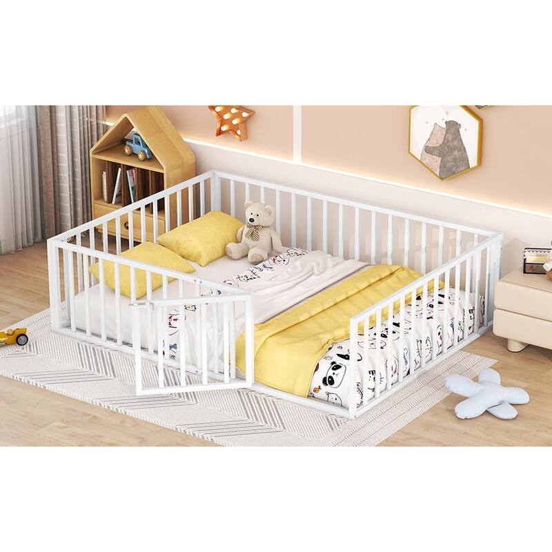 Metal Floor Bed Frame with Fence & Door