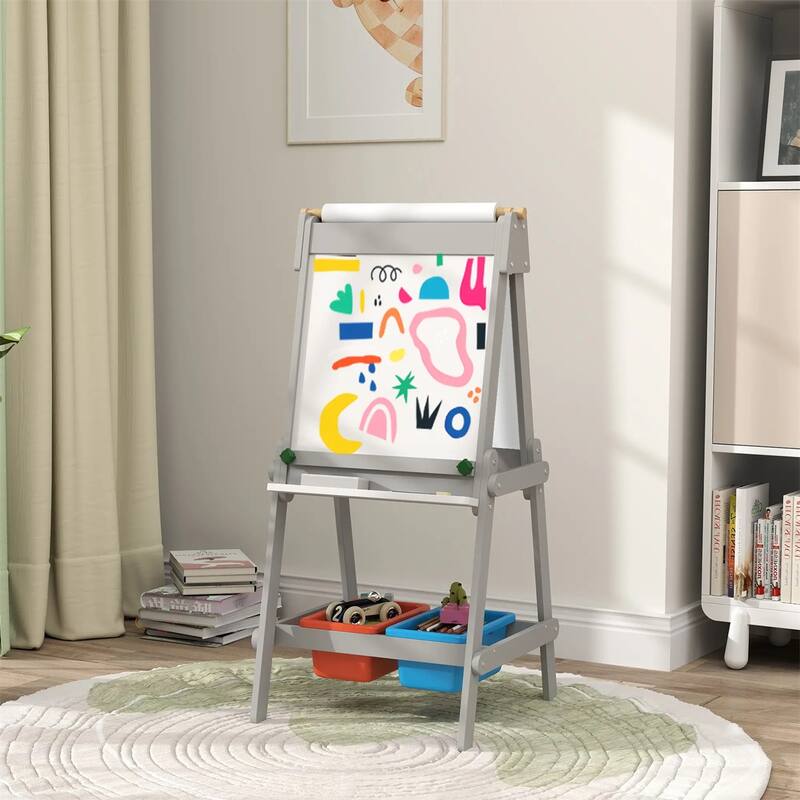 3-in-1 Kids Art Easel with Chalkboard Whiteboard Paper Roll Storage Boxes Pen Holder for Toddlers Ages 3-8 Gray
