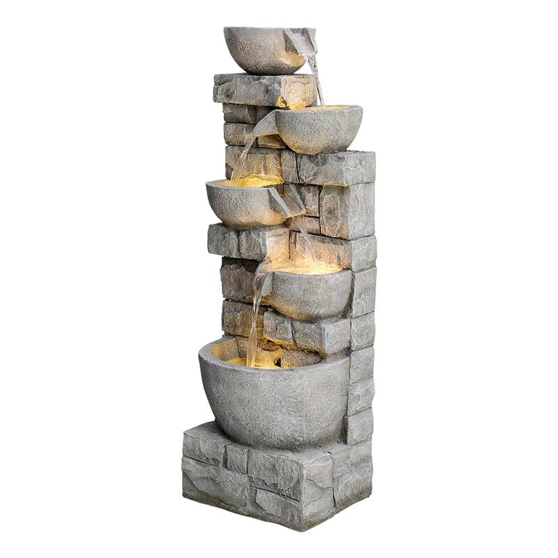 5 Tiered Bowls Outdoor Water Fountain with LED Lights for Garden Decor