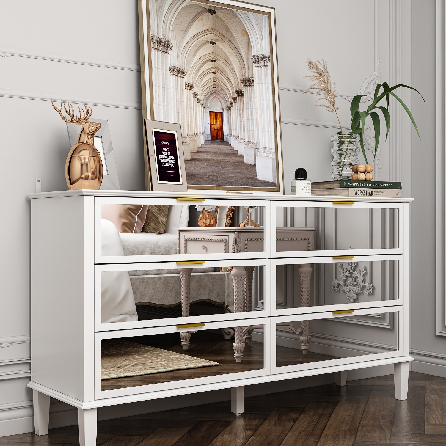 Modern 6 Drawer Mirrored Dresser, Glass Dresser & Chest of Drawers