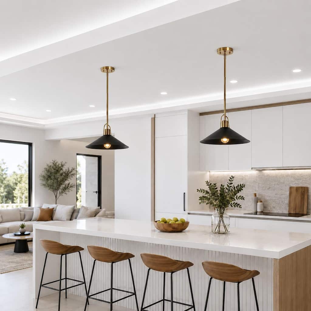 LALUZ 14" W Modern 1-Light Black/White Pendant Light for Kitchen Island Dining Room
