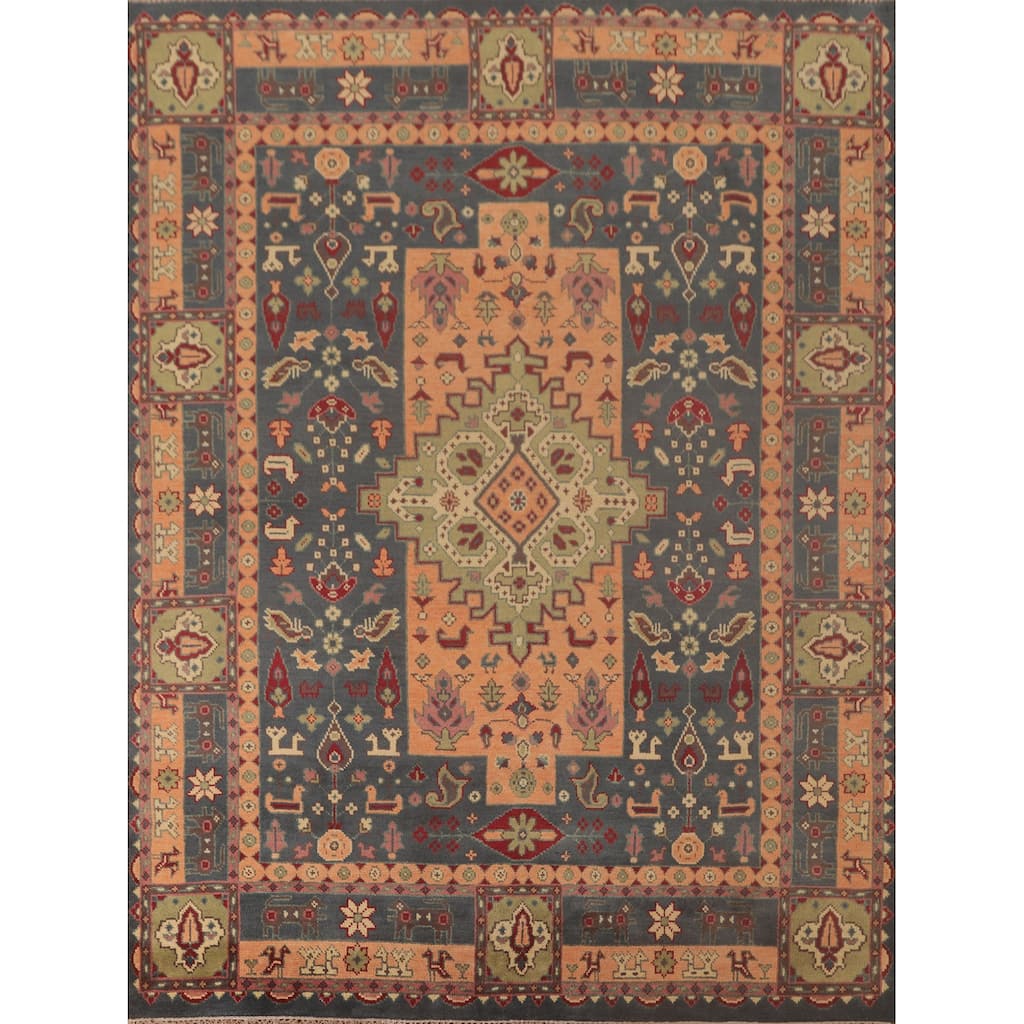 Geometric Kazak Area Rug Handmade Traditional Grey Wool Carpet - 7'9"x 9'9"