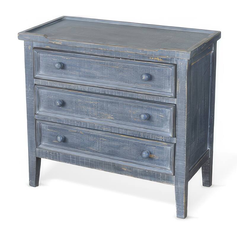 Rena Side End Table with 3 Drawers, 28 Inch Rustic Blue Mahogany Wood