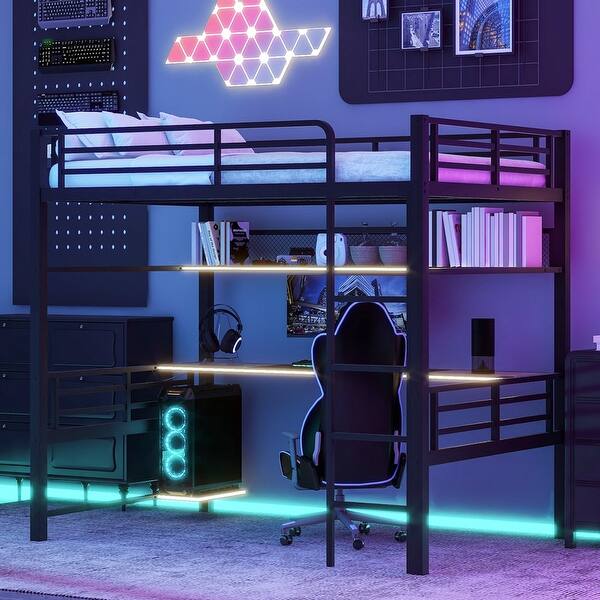 slide 2 of 13, Full Size Metal Loft Bed with Ladder, Iron Mesh and Shelf, Storage Gaming Bed Frame with Desk and LED Light Strip Full