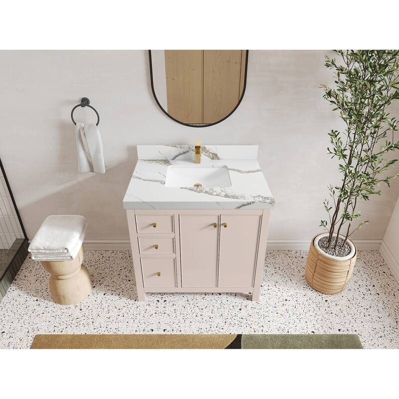 Willow Collections 36 in. W x 22 in. D Chicago Center Sink Right Bathroom Vanity with Countertop - 2”Calacatta Gold - Pink