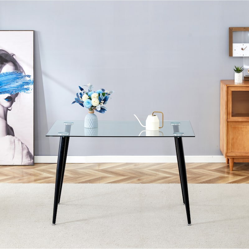 Glass Dining Table Modern Minimalist Rectangle Table for 4 Tempered Glass Tabletop with Metal Legs for Kitchens,Restaurants