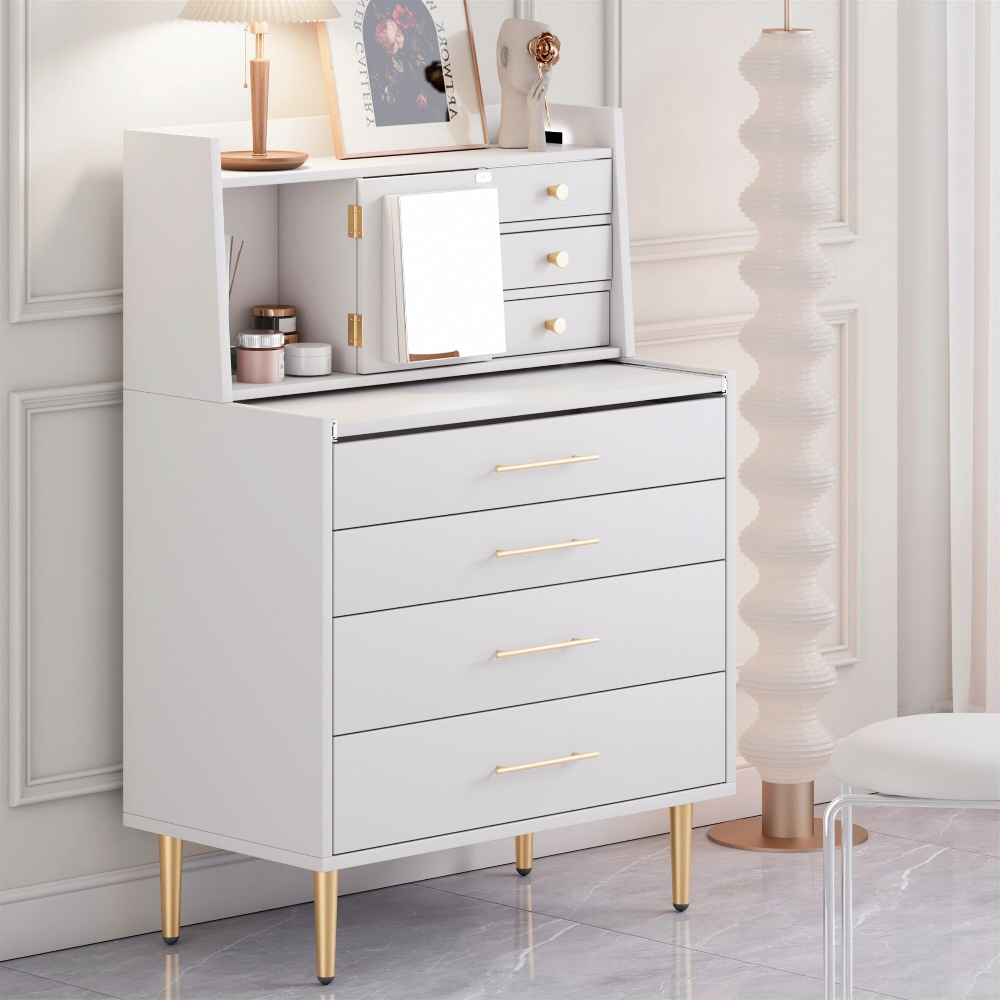 7 Drawers Dresser with Mirror Retractable Table and Hidden Storage