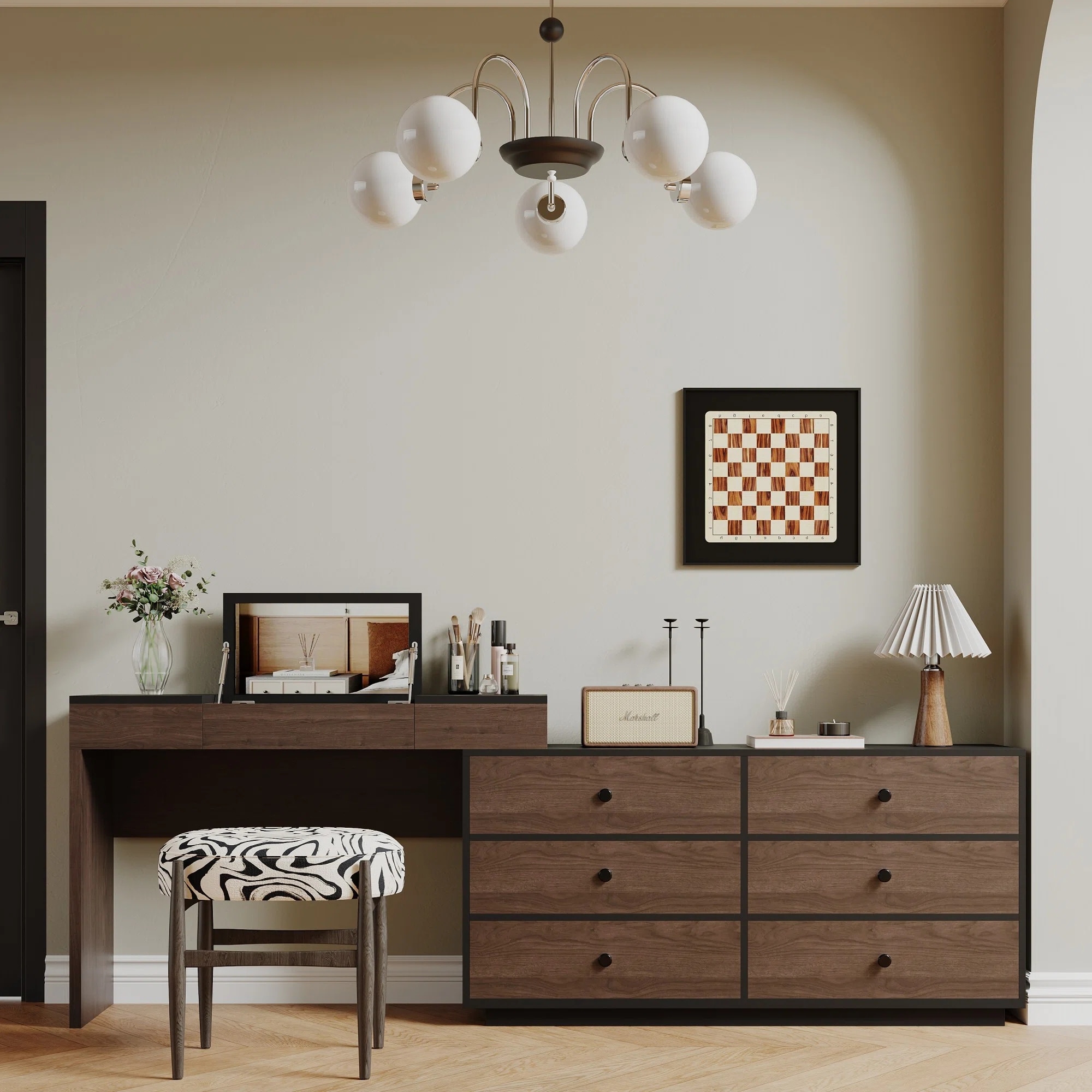 Extendable Makeup Vanity with 8 Drawers Swivelable L Corner Vanity Desk