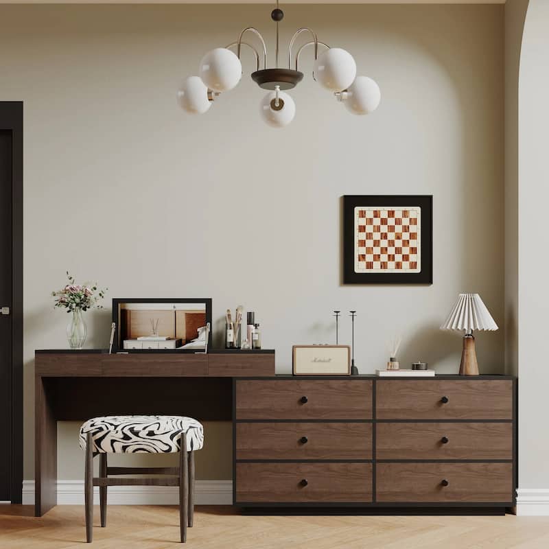 Home Office Storage Expandable Dresser Desk Combo With Flip-Top Makeup Mirror and 6 Storage Drawers