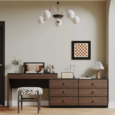 Home Office Storage Expandable Dresser Desk Combo With Flip-Top Makeup Mirror and 6 Storage Drawers