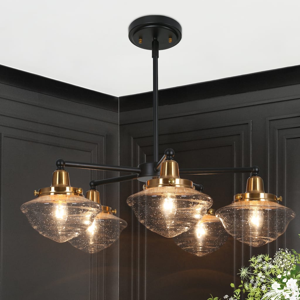 Mid-Century Modern 3/5-Light Black Gold Wheel Chandelier Seeded Glass Pendant Light for Dining Room