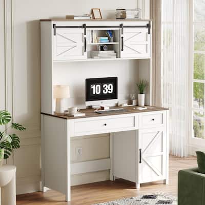47" Farmhouse Executive Desk with Drawers, Wood Home Office Desk w/Charging Station, Storage Cabinet, Computer Writing Desk