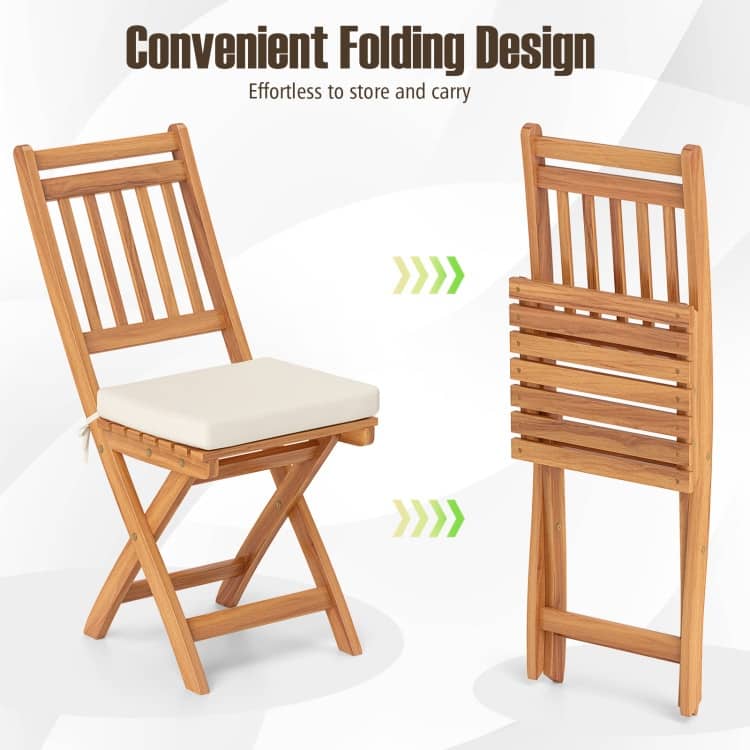 Off White Cushion Acacia Wood Folding Outdoor Chair Set of 2 with Ergonomic Backrest - 23" x 16.5" x 34"
