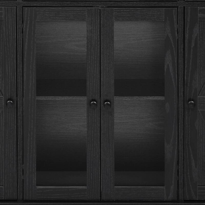 53'' Farmhouse Kitchen Island with Two Tempered Glass Cabinet Doors, Drop Leaf, 5 Open Side Racks and 3 Drawers