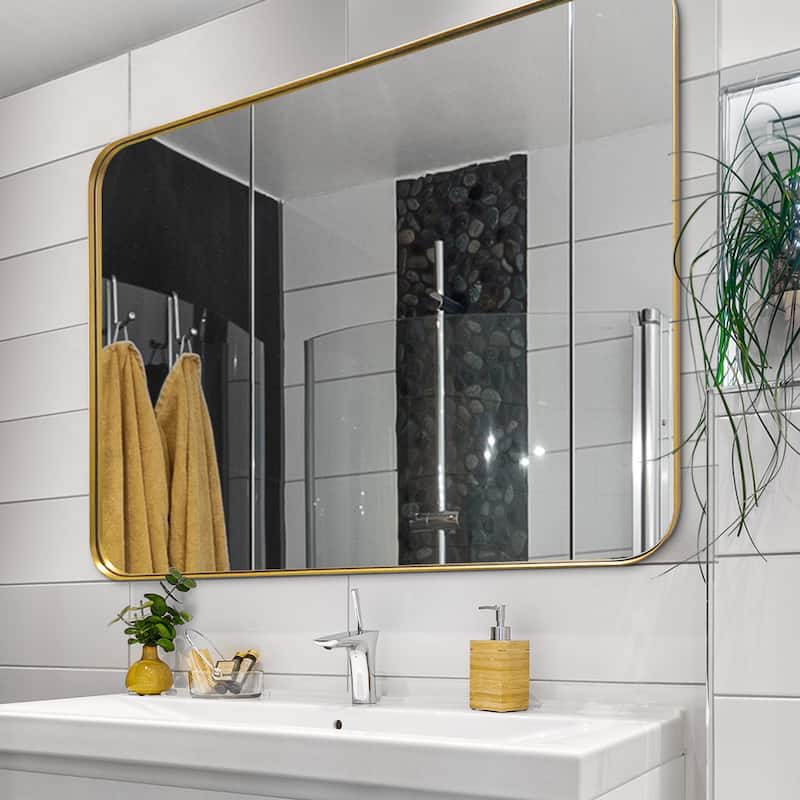 Modern Wall Mirror, Rectangular Mirror with Metal Frame, Bathroom Mirror with Round Corner Vanity Mirror for Vertical/Horizontal