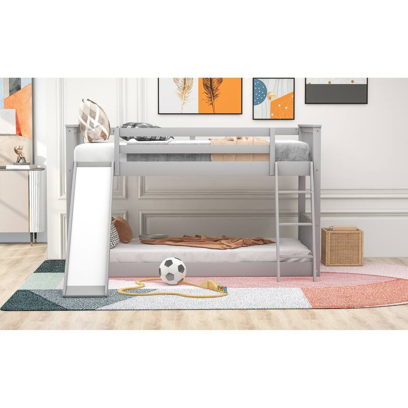 Twin over Twin Bunk Bed with Convertible Slide and Ladder, Gray