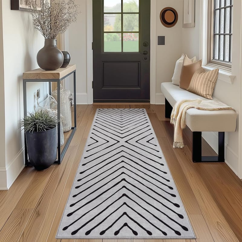Modern Geometric Area Rug Farmhouse Stripe Area Rug Living Room Stain Resistant Non-Slip Carpet for Bedroom Dining Room