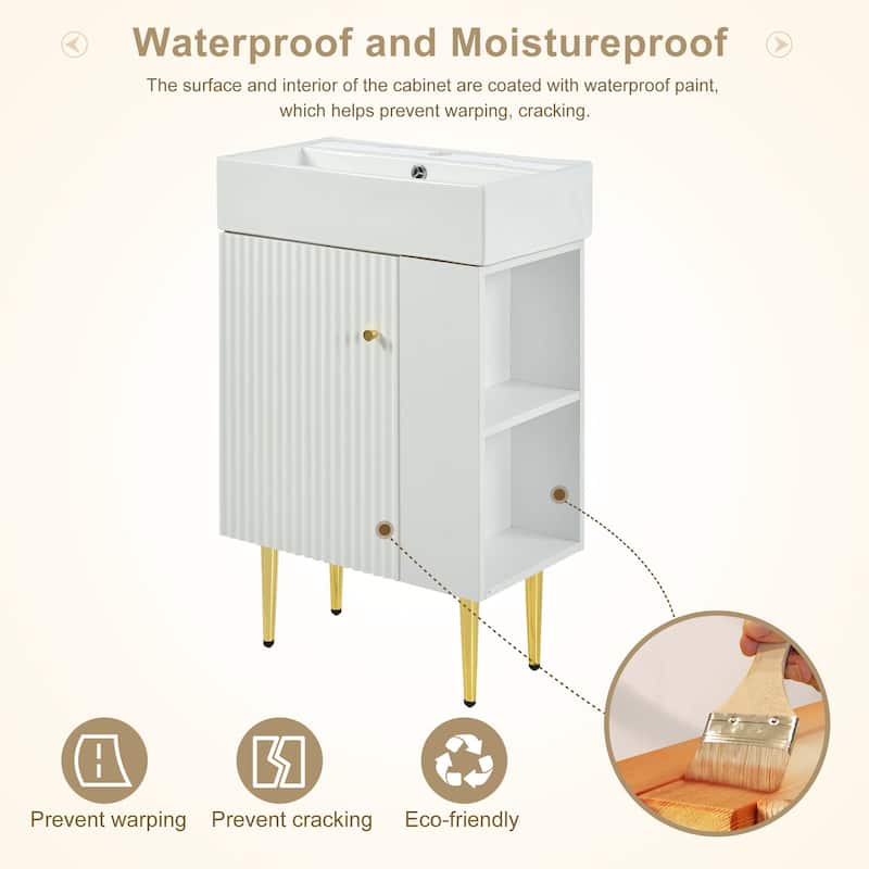 21.6" White Bathroom Vanity, Bathroom Storage Cabinet with Single Ceramic Sink, Right Side Storage