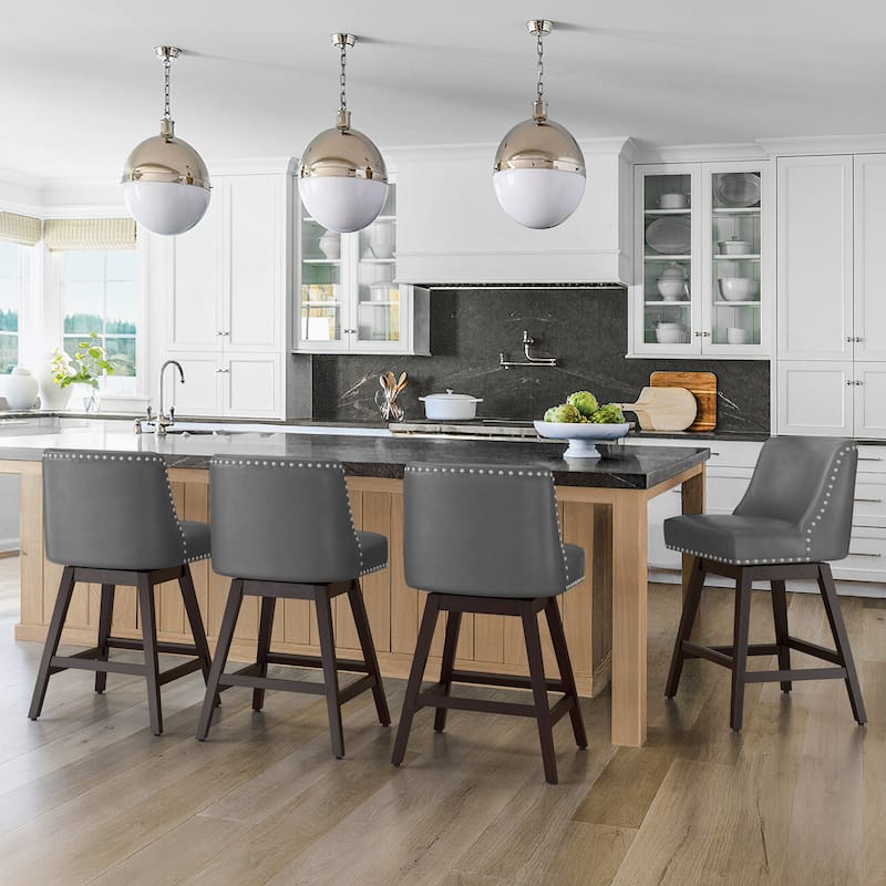 26 in. Counter Height Upholstered Wood Frame Swivel Bar Stool with Farbic Seat Set of 4 - 19.6"D x 19.6"W x 37"H - Dark Grey/Faux Leather