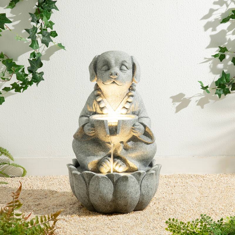 Glitzhome 21.75"H 2-Tiered Zen-Style Polyresin Cat Dog Statue Outdoor Fountain with LED Lights