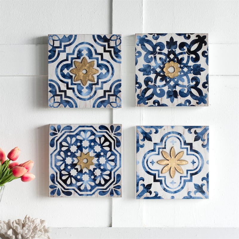 9.5 x 9.5 inch S/4 Abstract Wall Decor Accents in Blue, White and Gold - White+Blue