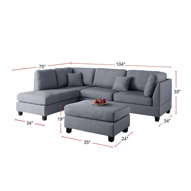 3 Piece Sectional Sofa with Ottoman in Grey