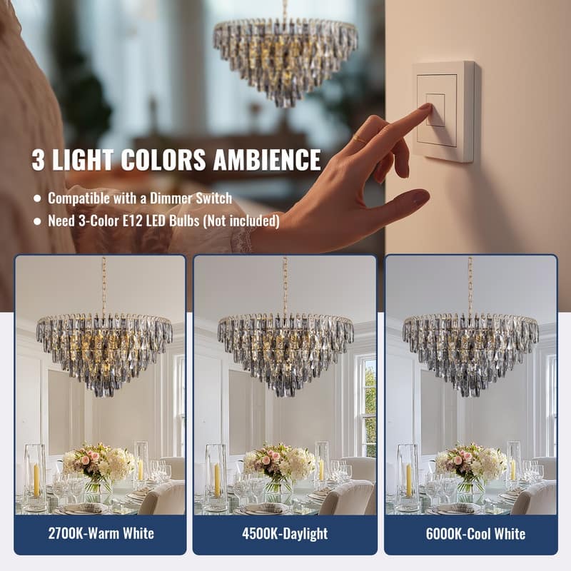 32" Grey Modern Crystal Chandelier Round Crystals Chandeliers 8-Tier Crystal Pendant Light 9-Light for Dining Room Living Room