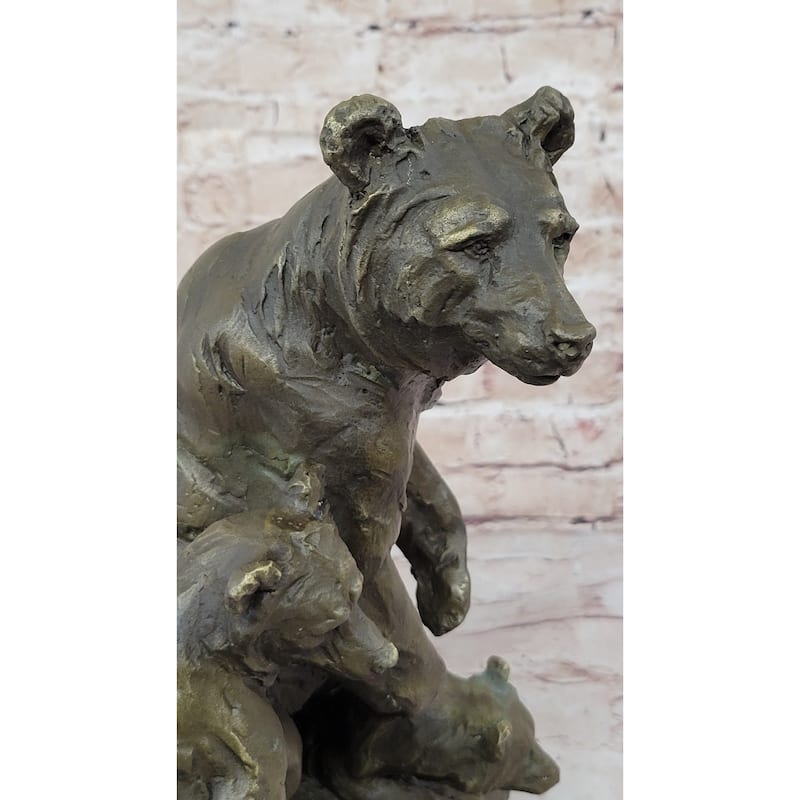 Large Mother Bear With Her Cubs On A Rock Bronze Art Deco Marble Sculpture Barye