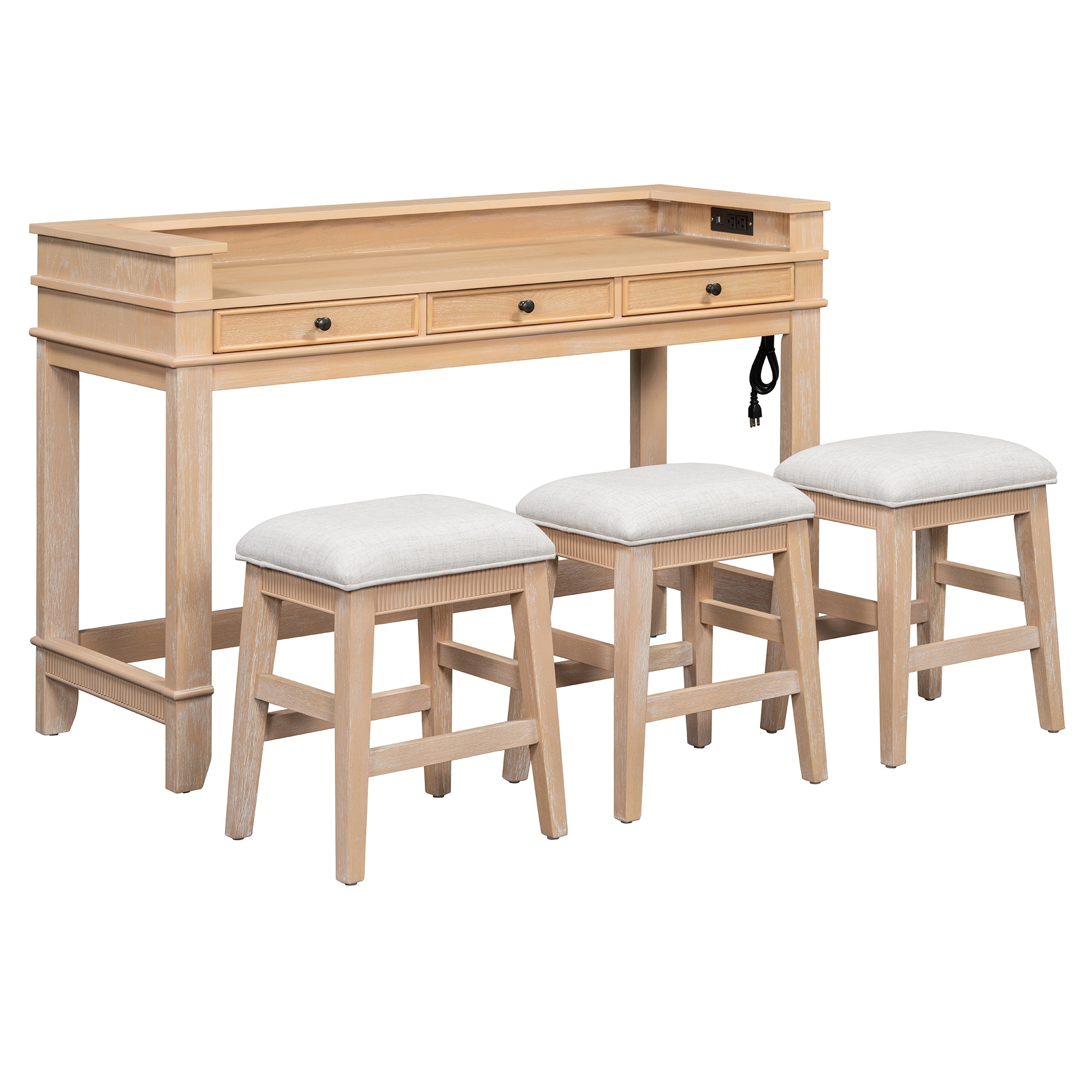 4-Piece Bar Table Set with Charging Station and Drawers, Elegant Counter Height Table and 3 Padded Stools
