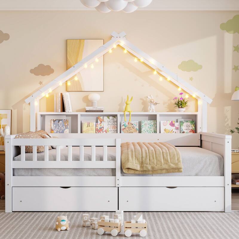 Roomfitters Wood Full Size House Platform Bed with Storage Shelves and Drawers, Cozy Frame with Guardrail - White