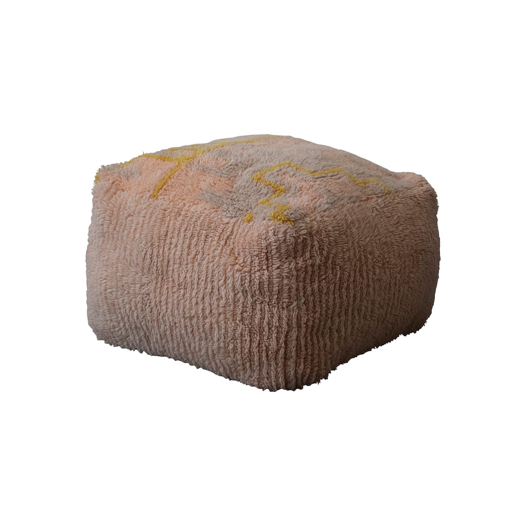 Woven New Zealand Wool Shag Pouf with Design