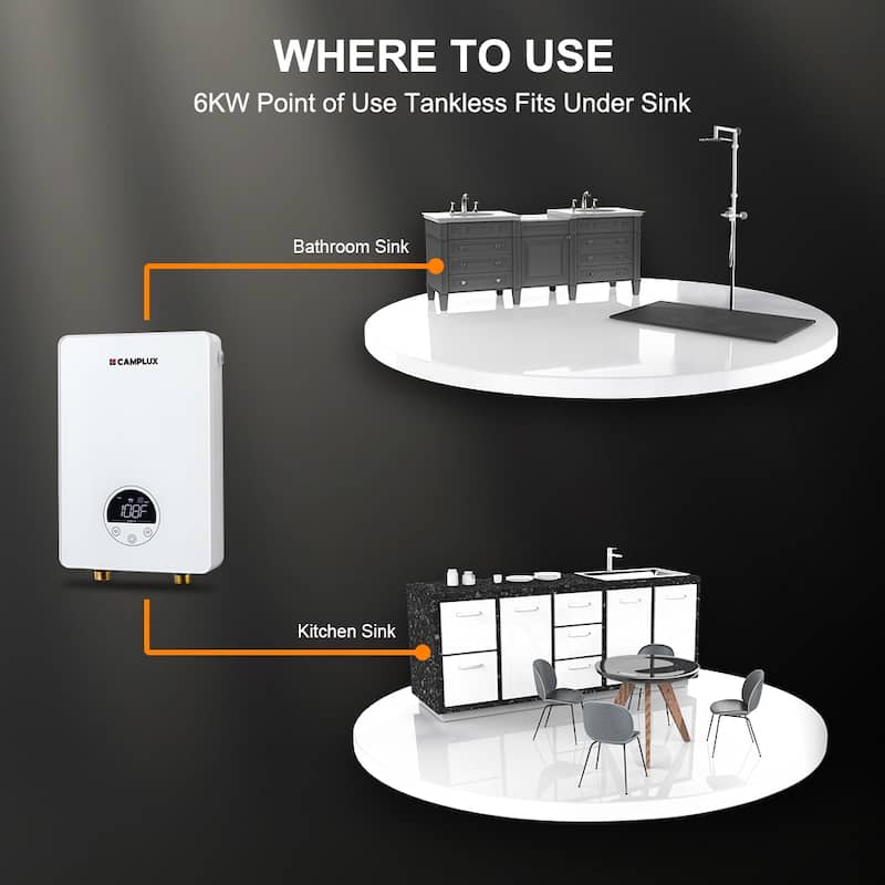 CAMPLUX 1.8 GPM Electric Tankless Water Heater 6kW 240V, White