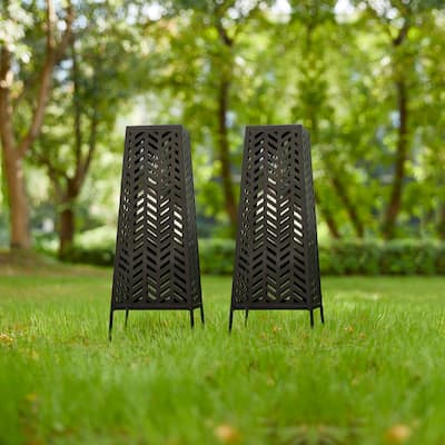 Glitzhome Set of 2 21.5"H Metal Geometric Solar Lighted Floor Lantern with Edison Bulb - 8.50"L X 8.50"W X 21.50"H