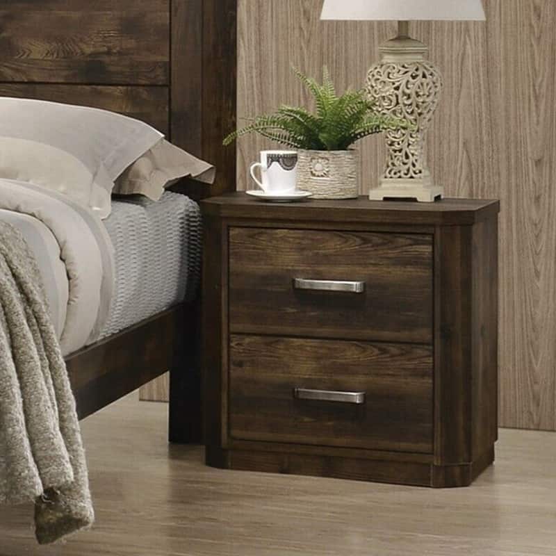 2 Drawers Wooden Nightstand in Rustic Walnut Finish