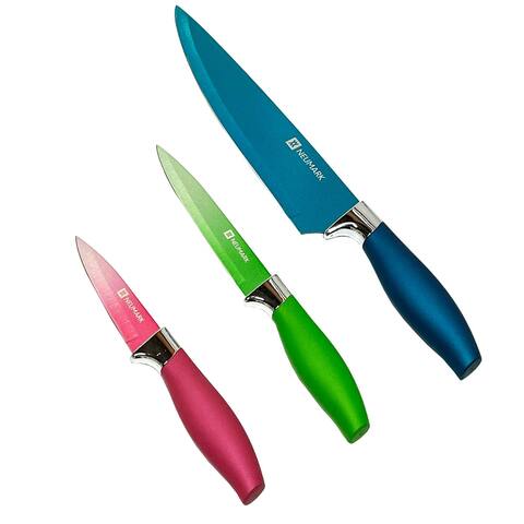 Neumark 3 Piece Metallic Stainless Steel Knife Set with Rubbered Handles, Blue-Green-Pink - Multi