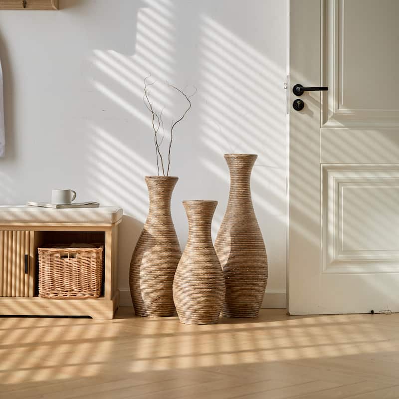 3-Piece Artificial Rattan Floor Vase - For Living Room Decoration, Entrance Or Hallway - For Dry Or Silk Flower Arrangements - Beige