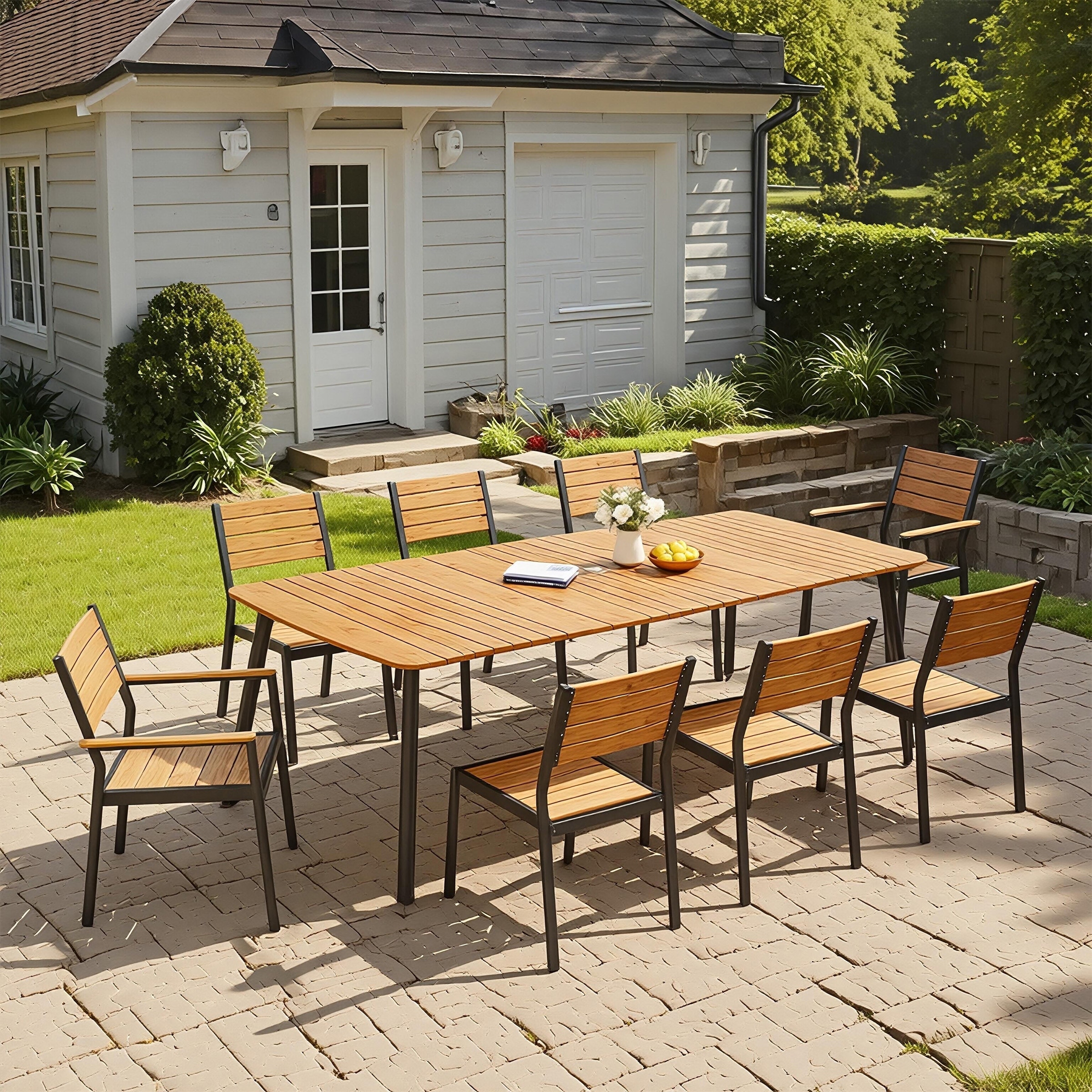 Outdoor 7/9-Piece Patio Dining Set Rectangular Dining Table with Stackable Chairs