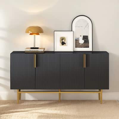 Modern 4-Door Sideboard Buffet Cabinet with Gold Metal Handles, Adjustable Shelves and Wavy Design for Living Room, Black