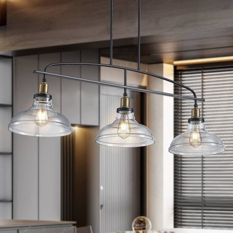 45" Industrial 3-Light Pendant‌ – Adjustable Black Metal Chandelier With Clear Glass Shades(Bulb Not Included) .