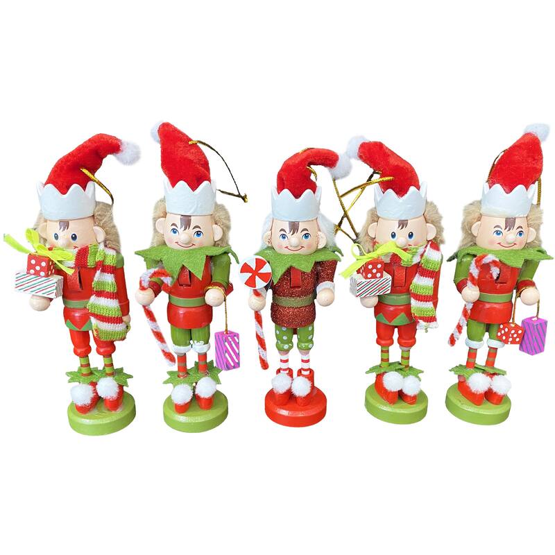 5" Elf Nutcracker Ornaments, Set of 5