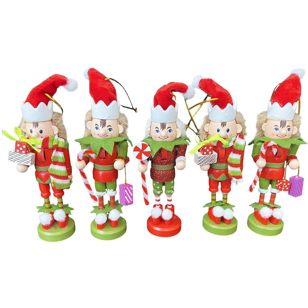 5" Elf Nutcracker Ornaments, Set of 5