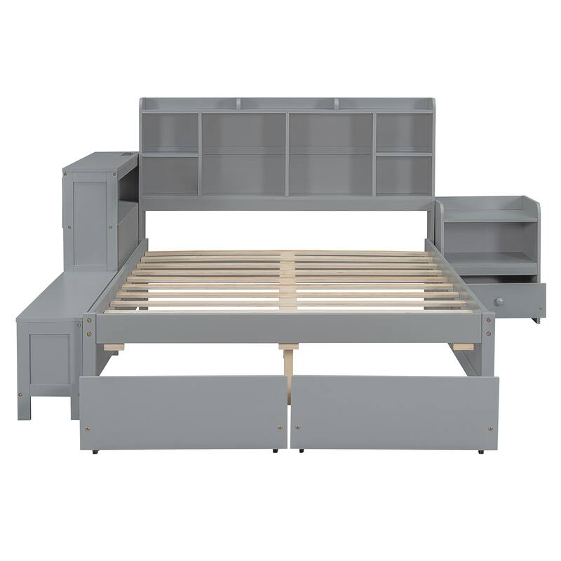 Gray Full Size Platform Bed with Integrated Desk, Nightstand, Storage Drawers & USB Ports - Multi-functional Design