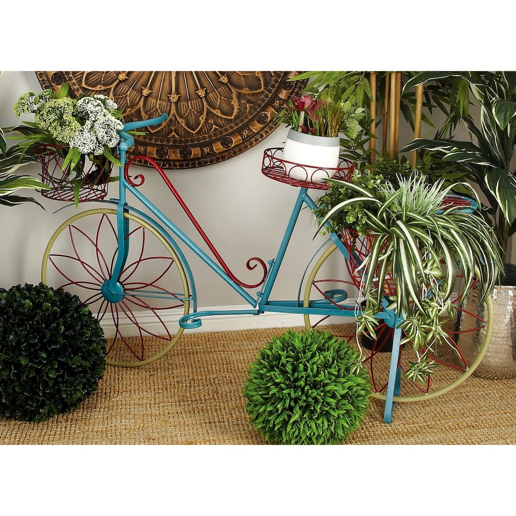 Blue Metal Indoor Outdoor Scrollwork And Wire Design Bike Plantstand with Basket and Saddle Bag Planters