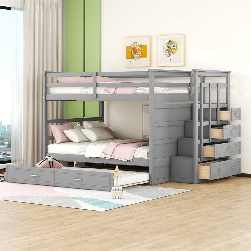 Harper & Bright Designs Bunk Bed with Trundle and Staircase - Grey - Full