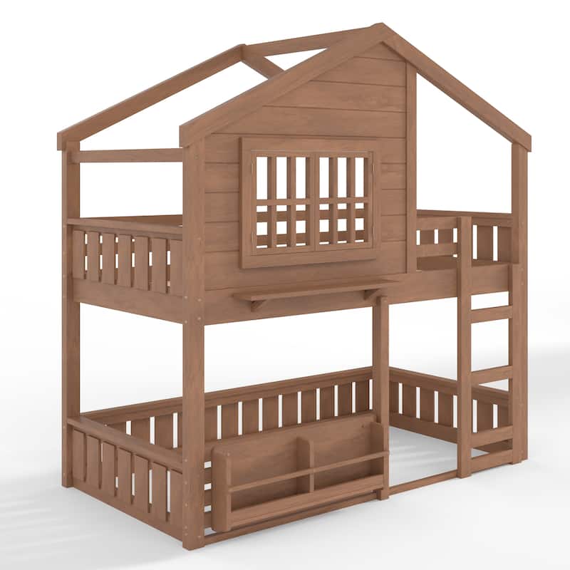 Twin Size Bunk Bed/Loft Bed with Bookshelf, House Design, High-Quality Safety Fencing, Natural