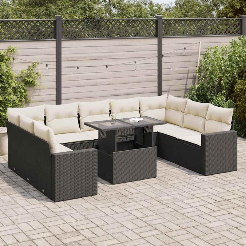 vidaXL Patio Sofa Set with Cushions Outdoor Furniture 10 Piece Poly Rattan - Black and Cream-with storage - 21.7 x 39.4 x 28.7